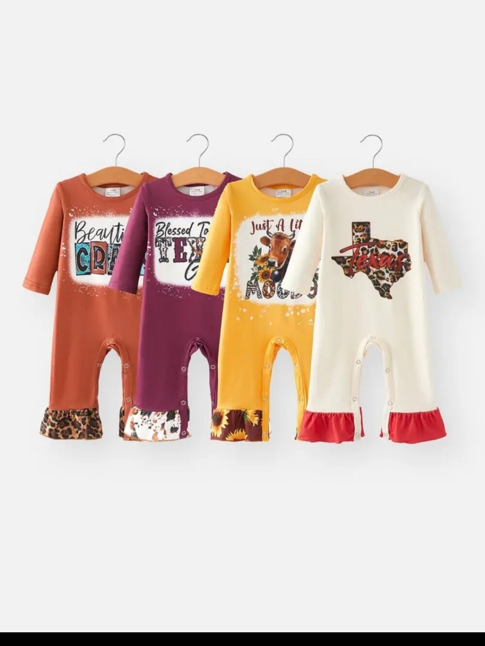 Unisex  Fall Graphic Ruffle Rompers - Rust, Plum, Mustard, Cream 4 Piece Set